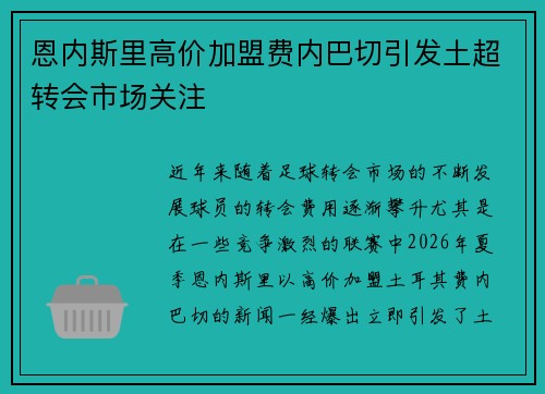 恩内斯里高价加盟费内巴切引发土超转会市场关注