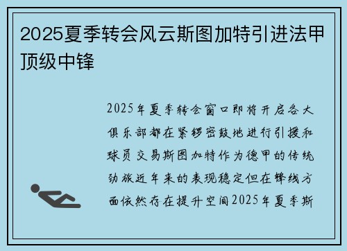2025夏季转会风云斯图加特引进法甲顶级中锋